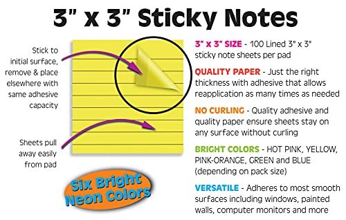 Lined Sticky Notes 3 x 3, 20 Pack Box, 2,000 Sheets (100/Pad), Self Stick Notes with Lines, Bright Assorted Colors, by Better Office Products, Post Memos, Strong Adhesive, 20 Pads in Box | The Storepaperoomates Retail Market - Fast Affordable Shopping