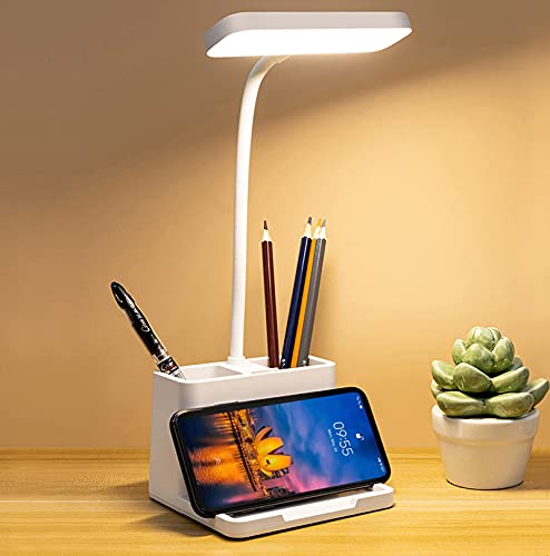 LED Desk Lamp with Pen & Phone holder, USB Rechargeable Book Reading Light,Eye-Caring Study Lamp for Kids, Touch Table Lamp with Flexible Gooseneck for Home,Office,3 Color Modes & Stepless Dimming