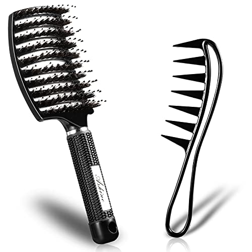 Ashine Detangler Hair Brush, Vented Detangling Brush, Curved Boar Bristle Brush & Wide Tooth Comb 2PCS Set for Curly Wet Dry Hair or Wig for Women Men (Black)