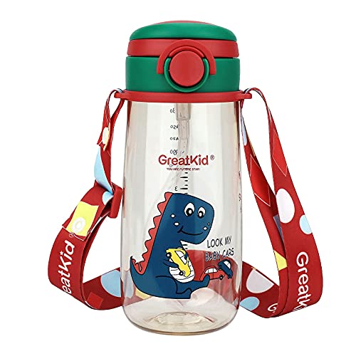 owsdon Kids Water Bottle for School,16oz Soft Straw Bottle for Boys Girls,easy Drink,Spill Proof,carry Handle for Child (Dinosaur,Red)