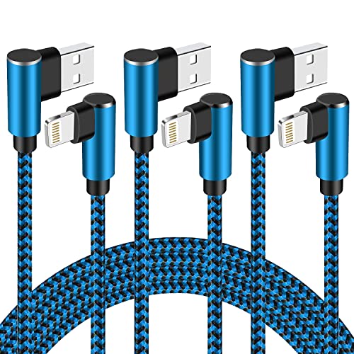finekeep iPhone Charger Cable 10FT 3 Pack 90 Degree Lightning Cable MFi Certified Nylon Braided Right Angled Lightning Charging Cable for iPhone 12/11/11 Pro/XS Max/XR/X/8/7/6 (Blue Black)
