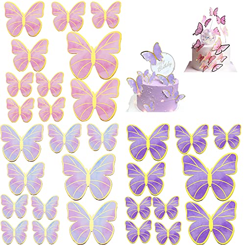 60Pcs Gold Pink Purple Lively 3D Butterfly Cupcake Topper, Birthday Wedding Party Cake Wall Butterflies Food Decorations Color Mixed Size