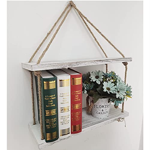 HoreZer Wood-Rope Hanging Floating Shelves Wall Decor Set of 2, Rustic White Wall Shelf with 4 Hooks and 4 Ropes,Wall Hanging Rope Shelves for Garden Kitchen Bathroom Living Room | The Storepaperoomates Retail Market - Fast Affordable Shopping