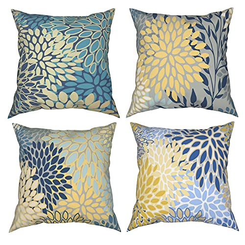 XicoLtd Set of 4 Decorative Pillow Covers 18×18 Inch Floral Blooms Modern Abstract Flower Throw Pillow Covers Home Pillowcases Garden Blue Yellow Gray Flowers Dark Teal Yellow Cushion Case
