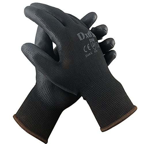 DXDIN Breathable Thin Polyurethane (PU) Coated Work Gloves 12 Pairs Grip Gardening Gloves Men Women Working Glove（Small Black）