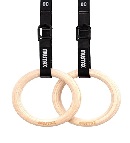Mustax Wooden Gymnastics Rings with Carabiner Buckles, Sandpaper, Gym Rings for Home, Outdoor, Cross-Training, Build Your Upper Body Muscles and Strength