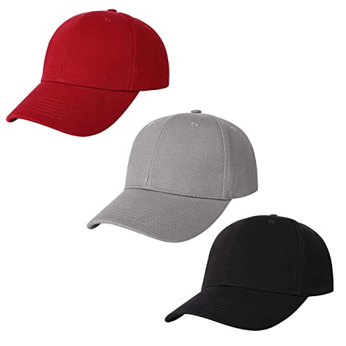 AOSMI 3 Packs Unisex Plain Cotton Strapback Baseball Hats Adjustable Low Profile Blank Red Ball Caps for Men Women Outdoor Workout Sport Black Grey Wine