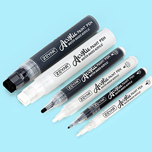 ZEYAR Acrylic Paint Marker Pens, 3 Different Point Size: Extra Fine(0.7mm), Medium Bullet(2.5mm), Jumbo Felt Tip(10-15mm) (Black & White Colors, Extra fine,Medium,Jumbo)