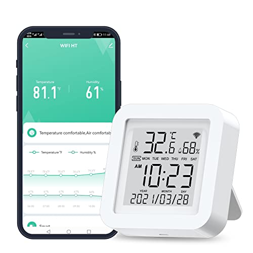WiFi Temperature and Humidity Sensor,Tuya Smart Hygrometer Thermometer with LCD Display,Compatible with Alexa,App Notification Alert,Temperature Humidity Remote Monitor for Home House Greenhouse