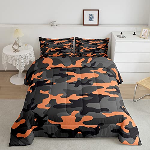 Feelyou Army Camo Bedding Set for Kids Boys,Teens Camo Comforter Set Girls Colorful Pattern Decor Lightweight Comforter Orange Black Grey Camouflage Quilt Set Bedroom Collection 3Pcs Full Size