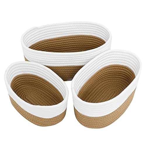 Small Round Storage Baskets Set of 3 Woven Basket for Organization | Hombins Decorative Storage Baskets for Nursery Baby Clothes, Toy, Makeup, Cat Dog Toy Basket, White&Brown