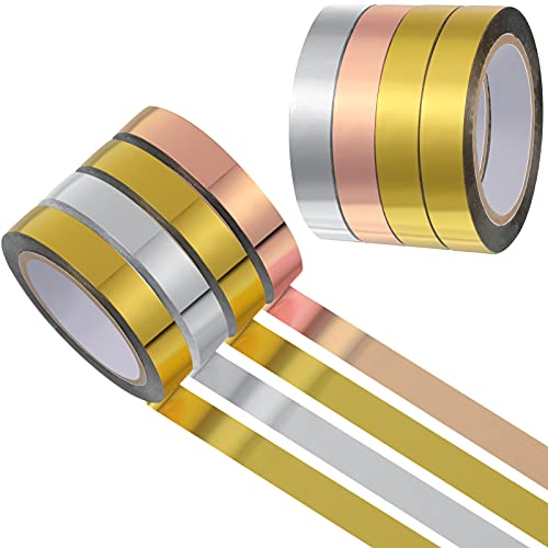 Outus Graphic Art Tape Metallic Washi Mirror Tape DIY Graphic Tape Metallic Mirror Wrapping for Crafts Decoration, 3/8 Inch x 88 Yards (4 Rolls,Gold, Silver, Rose Gold)