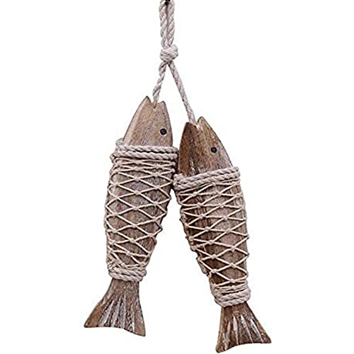 LuckyBamboo Set of 2 Wooden Fish Decor Hanging, Nautical Theme Wood Wall Ornaments Fish Netting for Decoration (2 pc Large Fish)