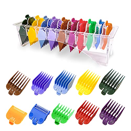 10 Professional Hair Clipper Guards Cutting Guides Fits for Most Wahl Clippers with Organizer, Color Coded Clipper Combs Replacement – 1/16″ to 1″