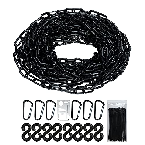 Black Plastic Chain – 32 50 65 Feet Plastic Safety Barrier Chain for Crowd Control, Parking Barrier and Delineator Post with Base – Safety Security Chain with Accessories