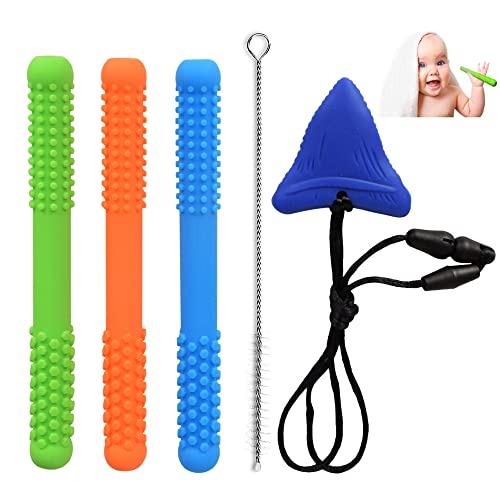 VOOSIKI 3 Packs Baby Toys Teething Tubes for 6-12 Monthes, 0-6 Monthes-Sensory Chew Straws Tubes for Babies -Silicone Hollow Teether with1 Shark Tooth Necklace-Soothe Teething Irritation