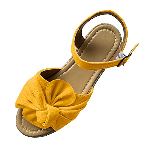Bravetoshop Women’s Wedge Sandals Platform Espadrilles with Ankle Strap Open Toe Bowknot Summer Beach Sandal Shoes (Yellow,5.5 US)