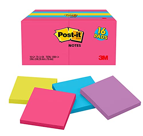 Post-it Notes, 3×3 in. Bulk 16 Pads/Pack, 75 Sheets Per Pad, Assorted Bright Colors Sticky Notes Including Hot Pink Purple Blue and Yellow Colors,