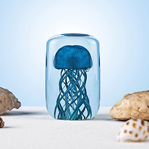 QFkris Hand Blown Glass Jellyfish Figurines Collectibles Ornament, Glass Paperweight Sea Animal Sculpture for Fish Tank Table Decor