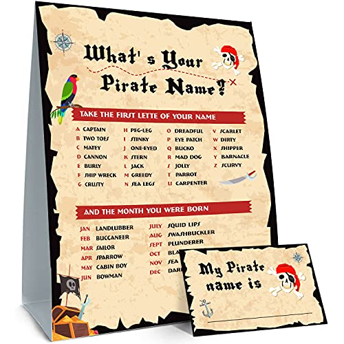 MiCa Direct Whats Your Pirate Name Game, Game Sign and 30 Cards, Pirate Birthday Party Sign for Boys, Holiday Activity, Pirate Activity Stickers Tags Ideas Decoration Supplies