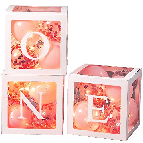 First Birthday Balloons Boxes, ONE Transparent White Balloon Blocks with 3 LED String Lights and 32 Balloons for Girl Boy Baby 1st Birthday Party Decorations Photo Shoot Prop (Pink)