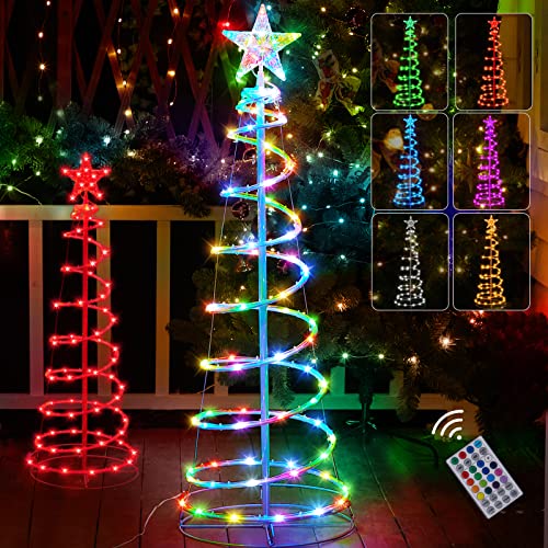 Spiral Christmas Tree Lights, 4FT Artificial Tree with 16 Colors and Multicolor LED Lighted Mode, Remote, Timer, Star Topper, USB Powered for Xmas Garden Party Festival Indoor Outdoor Decorations
