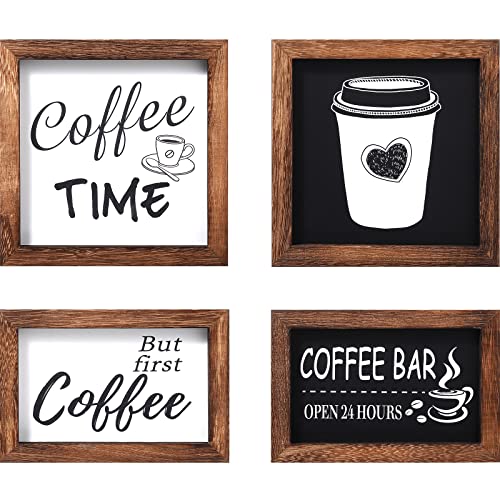 Coffee Bar Decor Signs, Farmhouse Coffee Bar Wall Decor But First Coffee Table Sign Coffee Tiered Tray Decor for Kitchen Cocina Decoration Set of 4