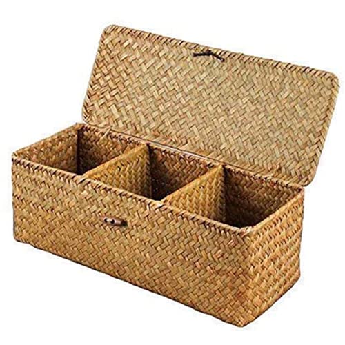 3 Compartment Storage Basket with Lid 3 Grid Hand-Woven Water Hyacinth Storage Basket Home Organizer Bins for Makeup, Clothes, Bathroom, Toilet and Home Items