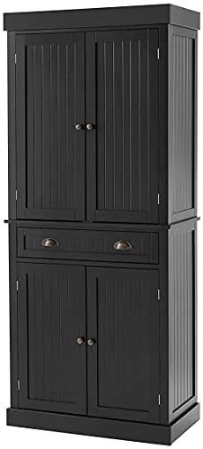 MELLCOM Kitchen Pantry, 72” Freestanding Storage Cabinets with Doors and Shelves, Elegant Colonial Design Cabinet Cupboard with 3 Adjustable Shelves and 1 Storage Drawer, Black