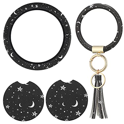4 Pieces Black Moons White Stars Print Car Accessories Set Black Moons White Stars Steering Wheel Cover with 2 Pieces Car Cup Holder and Leather Keyring for Car Truck SUV