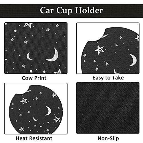 4 Pieces Black Moons White Stars Print Car Accessories Set Black Moons White Stars Steering Wheel Cover with 2 Pieces Car Cup Holder and Leather Keyring for Car Truck SUV | The Storepaperoomates Retail Market - Fast Affordable Shopping