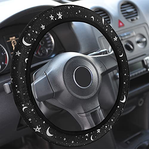 4 Pieces Black Moons White Stars Print Car Accessories Set Black Moons White Stars Steering Wheel Cover with 2 Pieces Car Cup Holder and Leather Keyring for Car Truck SUV | The Storepaperoomates Retail Market - Fast Affordable Shopping