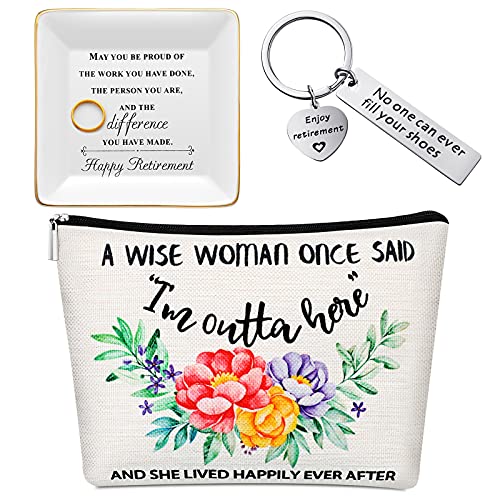Retirement Gifts for Women Retirement Jewelry Dish Trinket Tray, Retired Makeup Bag and Retirement Keychain for Women Teachers Coworkers Wife Mom Grandma Party Supplies (Chic Pattern)