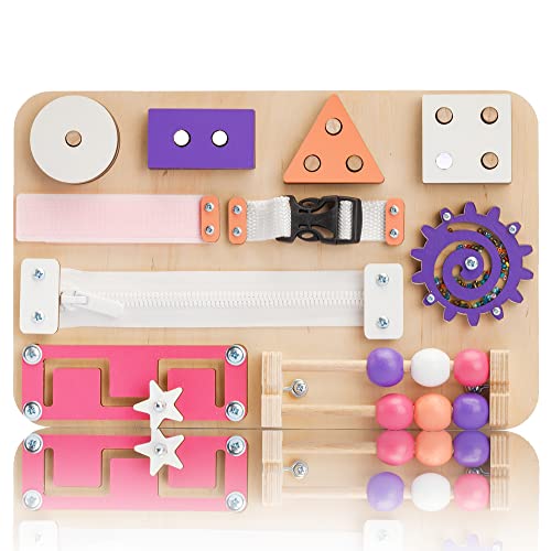 EvoKids BizzzyJoy Wooden Sorting Stacking Toy Busy Board for Toddlers 1-3 Zipper, Buckle in Handmade Activity Board – Plane Car Travel Sensory Montessori Developmental Educational Toys for Boy Girl