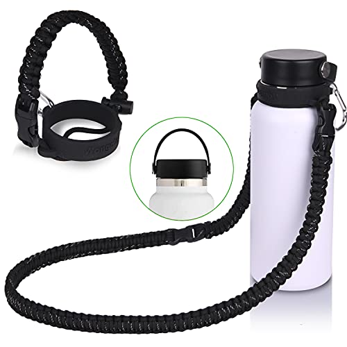 Wongeto 2.0 Paracord Handle with Shoulder Strap Compatible with Hydro Flask 2.0 Wide Mouth Water Bottle 12oz to 64oz-Water Bottle Strap Carrier for Gym School Running Walking Camping (Black)