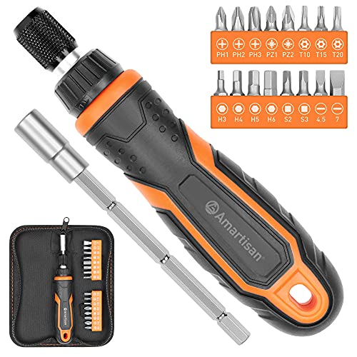 Amartisan 18-in-1 Ratcheting Screwdriver Set, Multi-bit Screwdriver Set Tool all in One, Slotted/Philips/Pozi/Torx/Hex