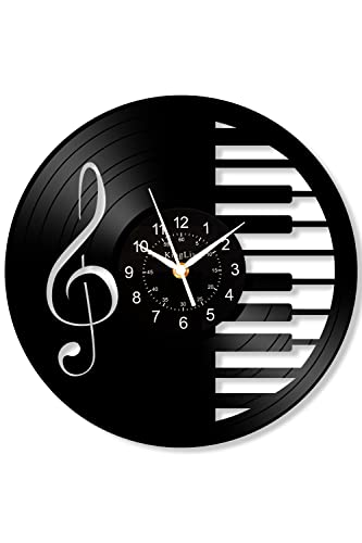 Vinyl Wall Clock Music Decorations, Music Notes Vintage Wall Art -Gift for Musical Lovers – 12” Black Rock and Roll Record Wall Clock for 50’s Theme Party Music Party Favors Decor