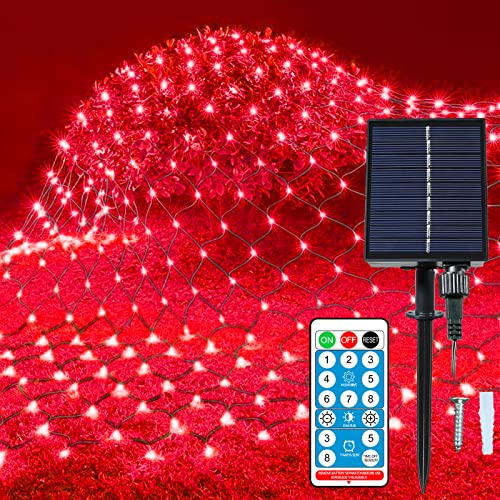 Malgero Red Solar Christmas Net Lights Outdoor for Bushes Mesh Lights, 8 Modes 9.8X6.6Ft 264LED Green Wire Waterproof Lights, Tree Wrap Decor Fairy Twinkle Lights for Holiday,Yard,Patio,Garden