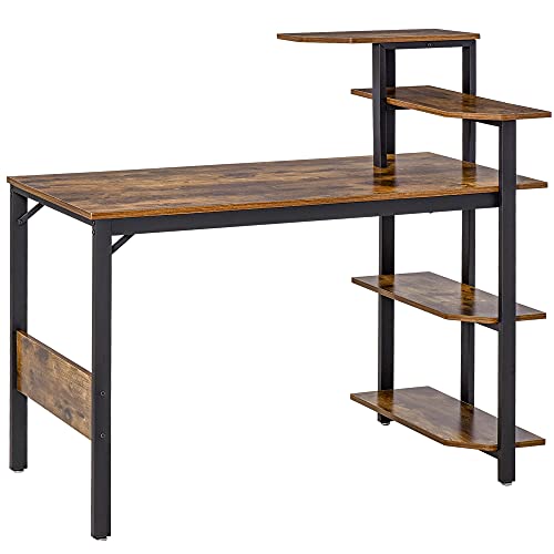 HOMCOM Compact Computer Desk with 4-Tier Open Bookshelf, Writing Table with Steel Frame for Home Office, Rustic Brown