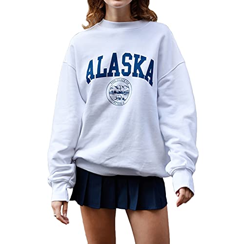 YEMOCILE Women Novelty ALASKA Letter Print Stand Collar Hoodie Vintage Long Sleeve Sweatshirt Pullover White