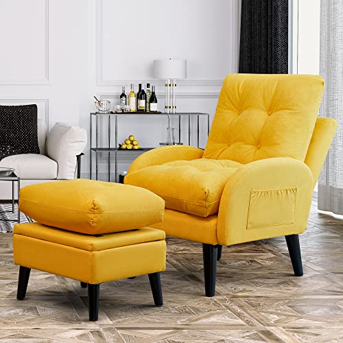 ELUCHANG Accent Chair with Ottoman Storage,Comfort Armchair with Adjustable Backrest and Side Pocket,Fabric Sofa Chair for Living Room Bedroom Office Lounge