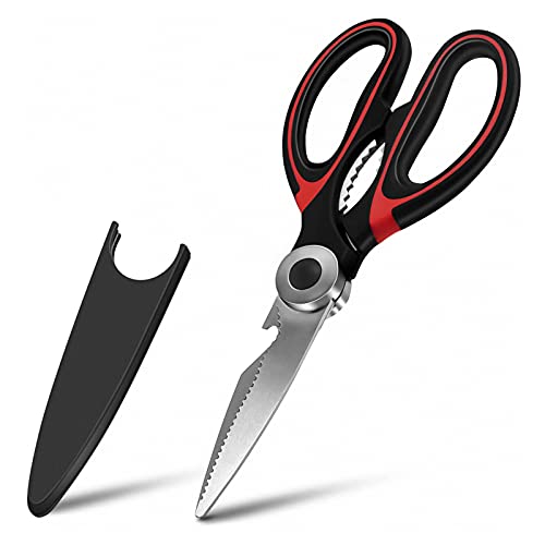 Urbanstrive Heavy Duty Kitchen Shears with Protective Sheath Kitchen Meat Scissors, Dishwasher Safe Cooking Scissors, Food Scissors for Chicken, Poultry, Fish, Herbs (Black+Red)
