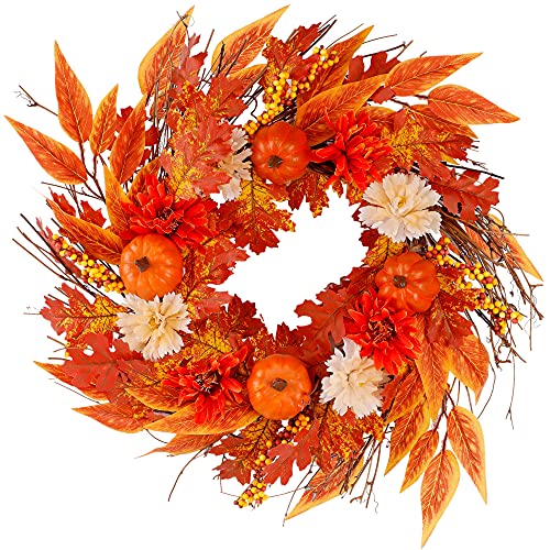 MAGGIFT Fall Wreath, Thanksgiving Wreaths for Front Door, with Artificial Leaves, Flowers, Pumpkins and Berries, for Autumn Harvest Wall Indoor Outdoor Decorations