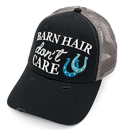 Lifecraft Barn Hair Dont Care Embroidered Distressed Black Ponytail Trucker Hat (Blue), Medium-Large