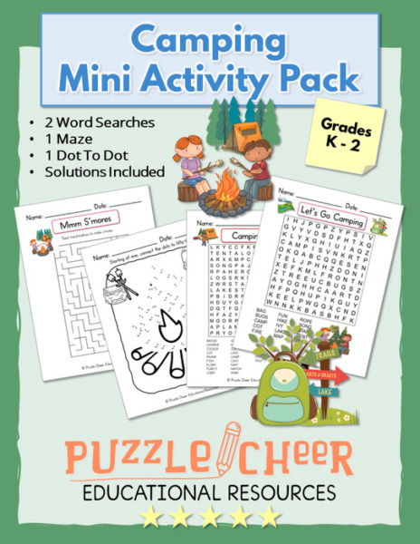 Camping Mini Activity Pack | Word Searches, Maze and Dot to Dot Worksheet for K – 2