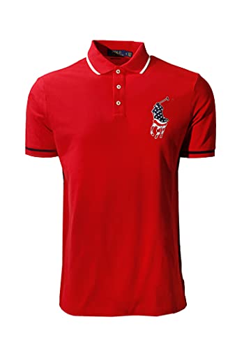 POLO RALPH LAUREN Classic Fit Polo Shirt Big Pony USA Flag (Red, Small)
