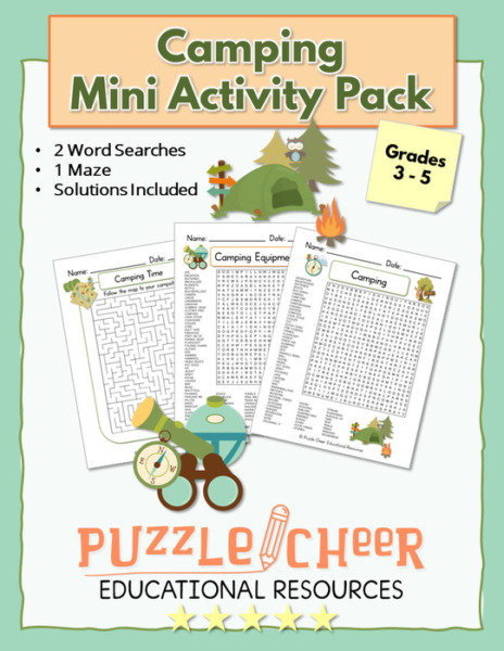 Camping Mini Activity Pack | 2 Giant Word Searches and Maze Bundle for Grades 3 – 5