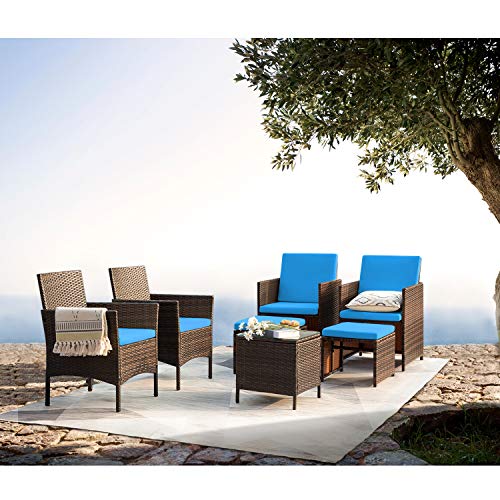 VICTONE Patio Furniture Sets Clearance 7 Pieces Front Porch Decor Outdoor PE Rattan Wicker Sectional Chairs with Ottomans and Glass Table for Pool Garden Balcony Blue