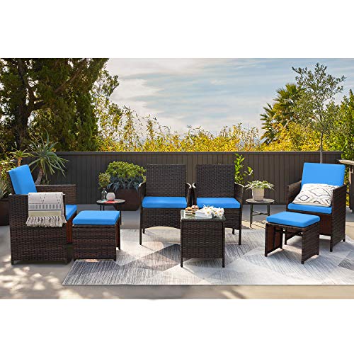VICTONE Patio Furniture Sets Clearance 7 Pieces Front Porch Decor Outdoor PE Rattan Wicker Sectional Chairs with Ottomans and Glass Table for Pool Garden Balcony Blue | The Storepaperoomates Retail Market - Fast Affordable Shopping