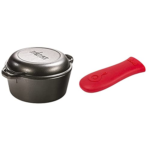 Lodge Cast Iron Serving Pot Cast Iron Double Dutch Oven, 5-Quart & Silicone Hot Handle Holder – Red Heat Protecting Silicone Handle for Cast Iron Skillets with Keyhole Handle